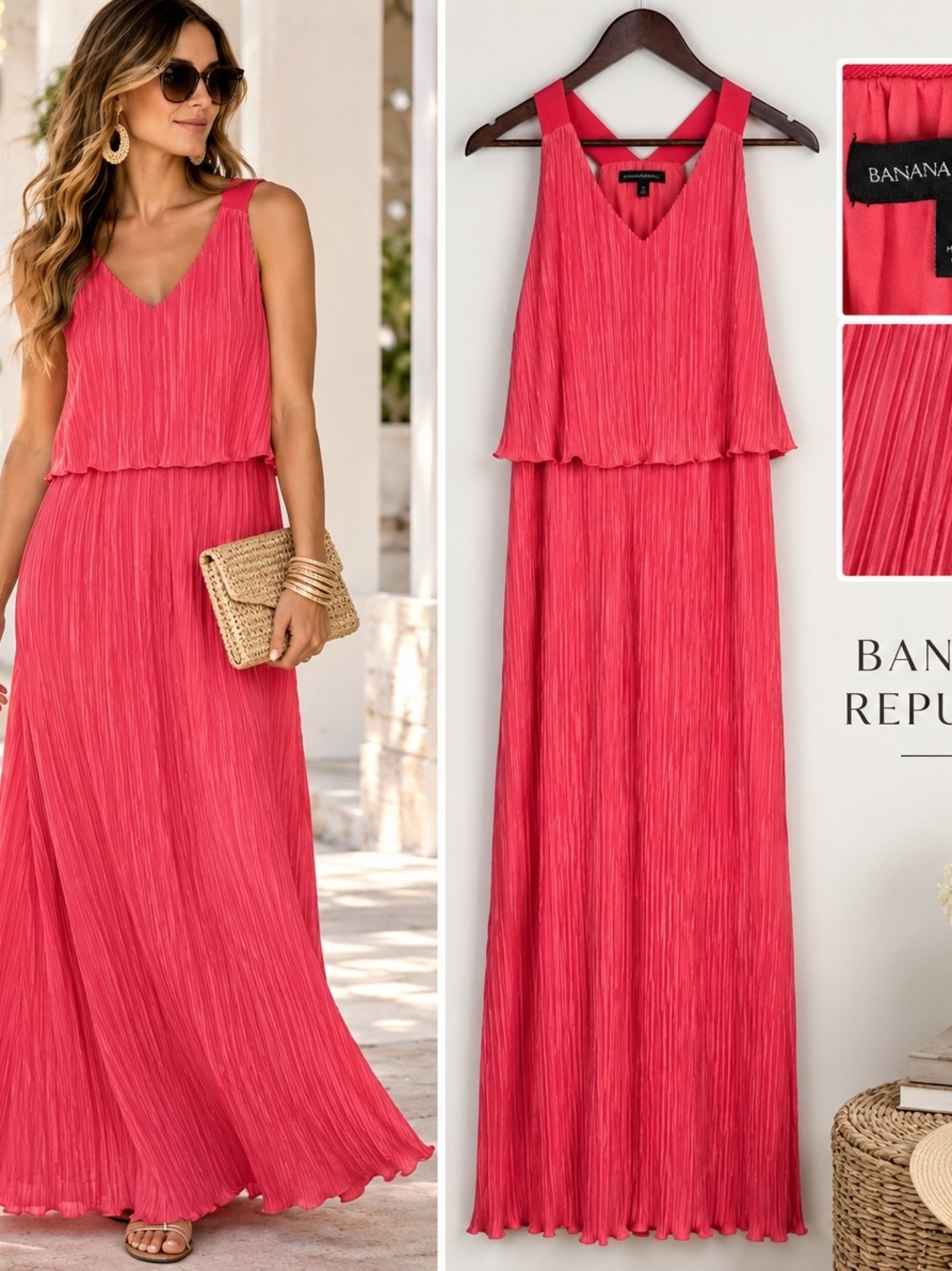 Coral Pink Pleated Maxi Dress XS Romantic Resort Coastal Vacation Evening